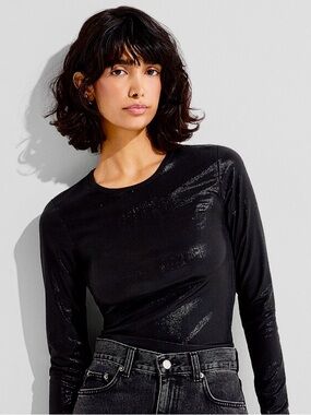 Women's Black Long-Sleeve Shimmer Crewneck Top